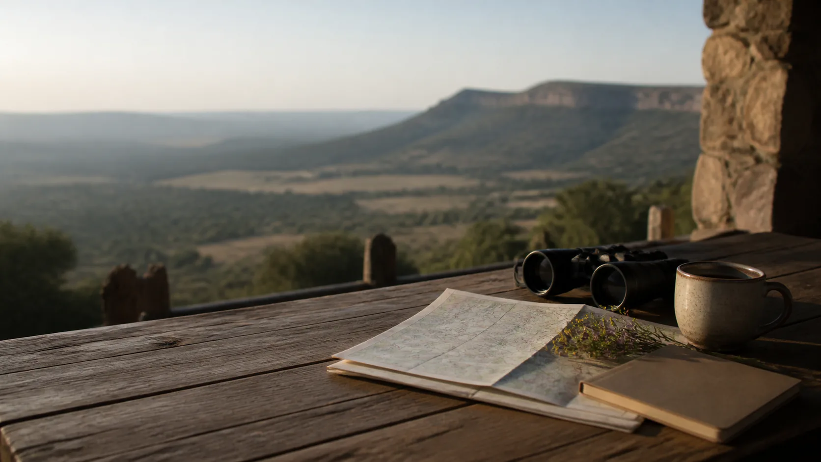 A travel journal, map, coffee, and binoculars ready for a Magalies journey